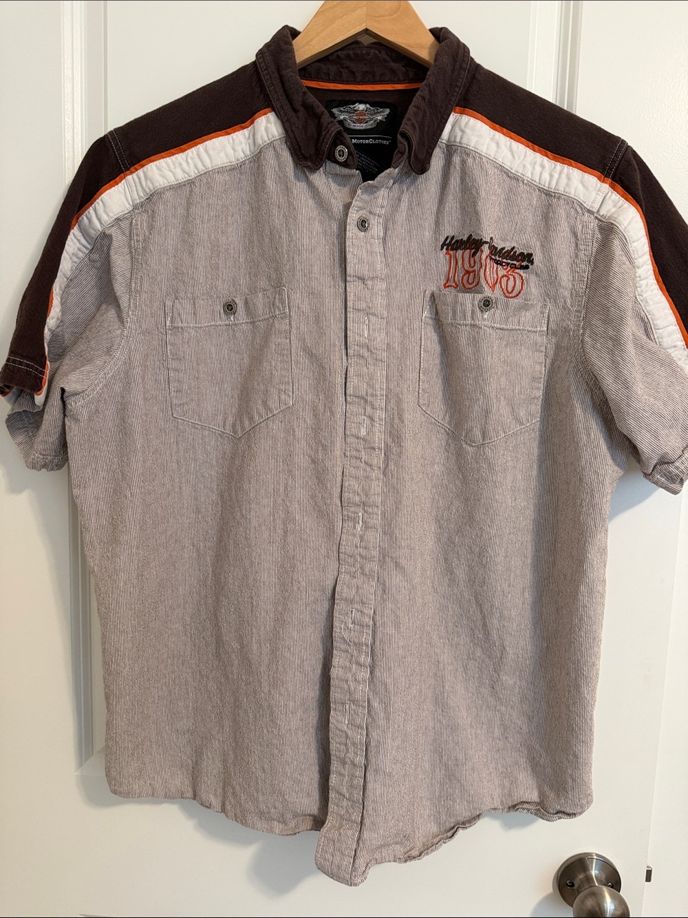 Harley-Davidson Brown, White & Orange Casual Button-Down Shirt